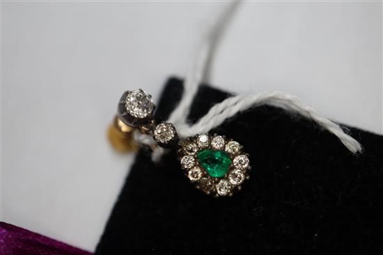 A pair of 19th century, yellow and white metal, emerald and diamond drop earrings, 17mm.